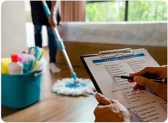 Close-up of a cleaning checklist being marked while a person mops the floor.