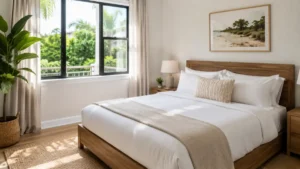 Professional Airbnb turnaround cleaning service in Victoria TX, freshly made guest bedroom
