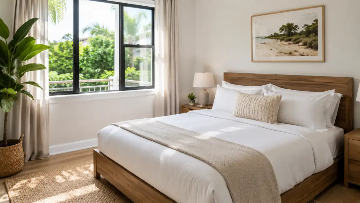 Professional Airbnb turnaround cleaning service in Victoria TX, freshly made guest bedroom