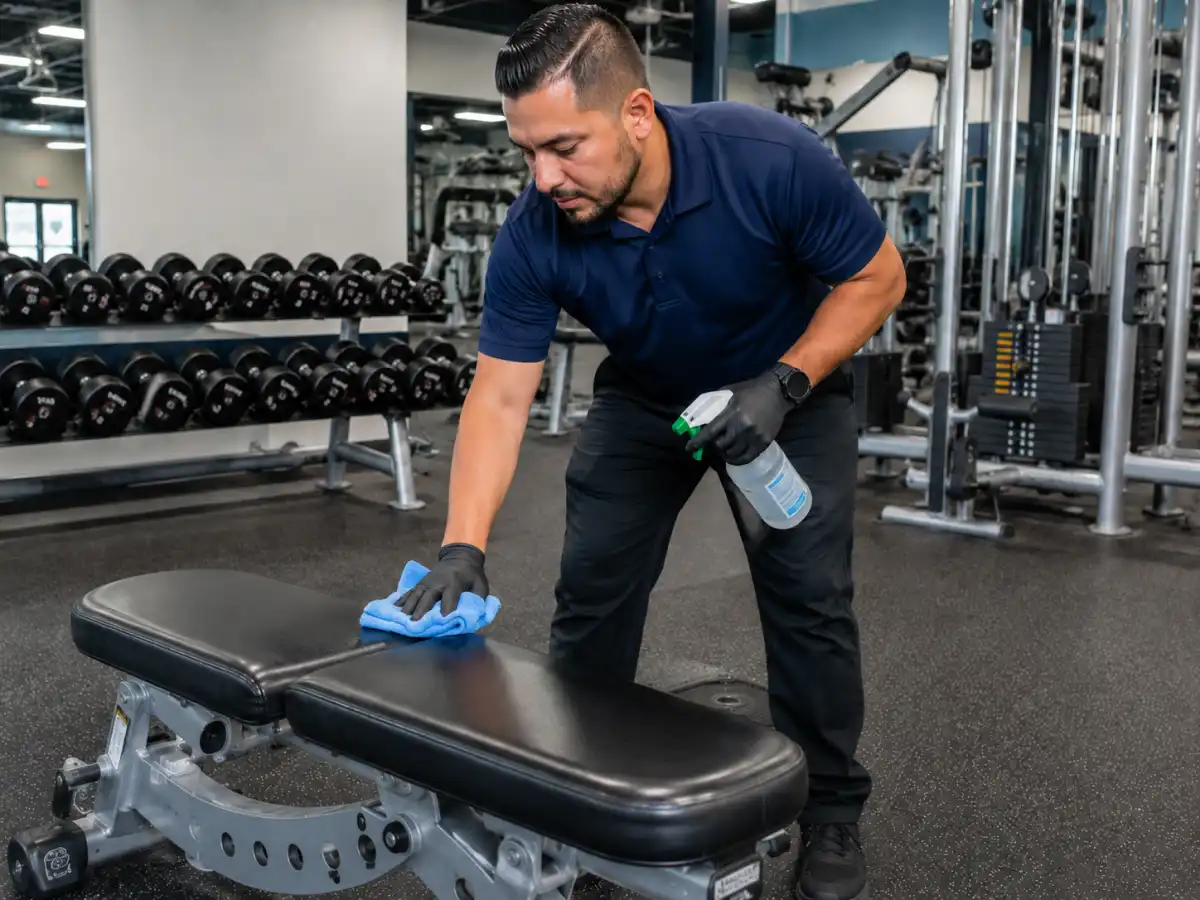 Gym cleaning Victoria TX, professional crew disinfecting weight equipment and rubberized flooring
