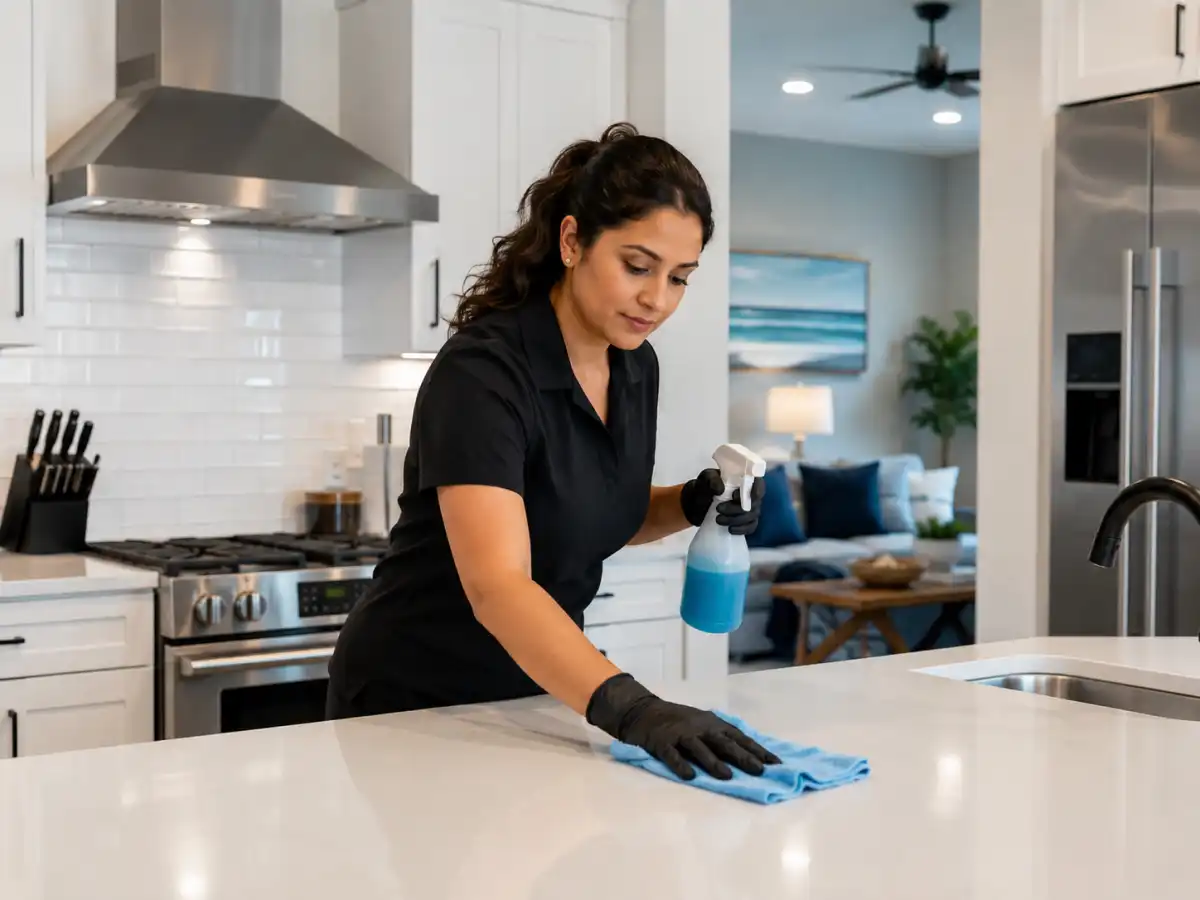 Airbnb cleaning Victoria TX, kitchen surfaces cleaned during rental turnaround service