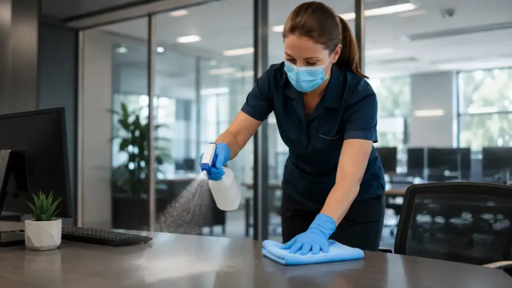 Sanitization Services vs. Regular Cleaning in Victoria, TX - What's Actually Different? 5 A cleaner disinfects an office surface in Victoria, Texas.