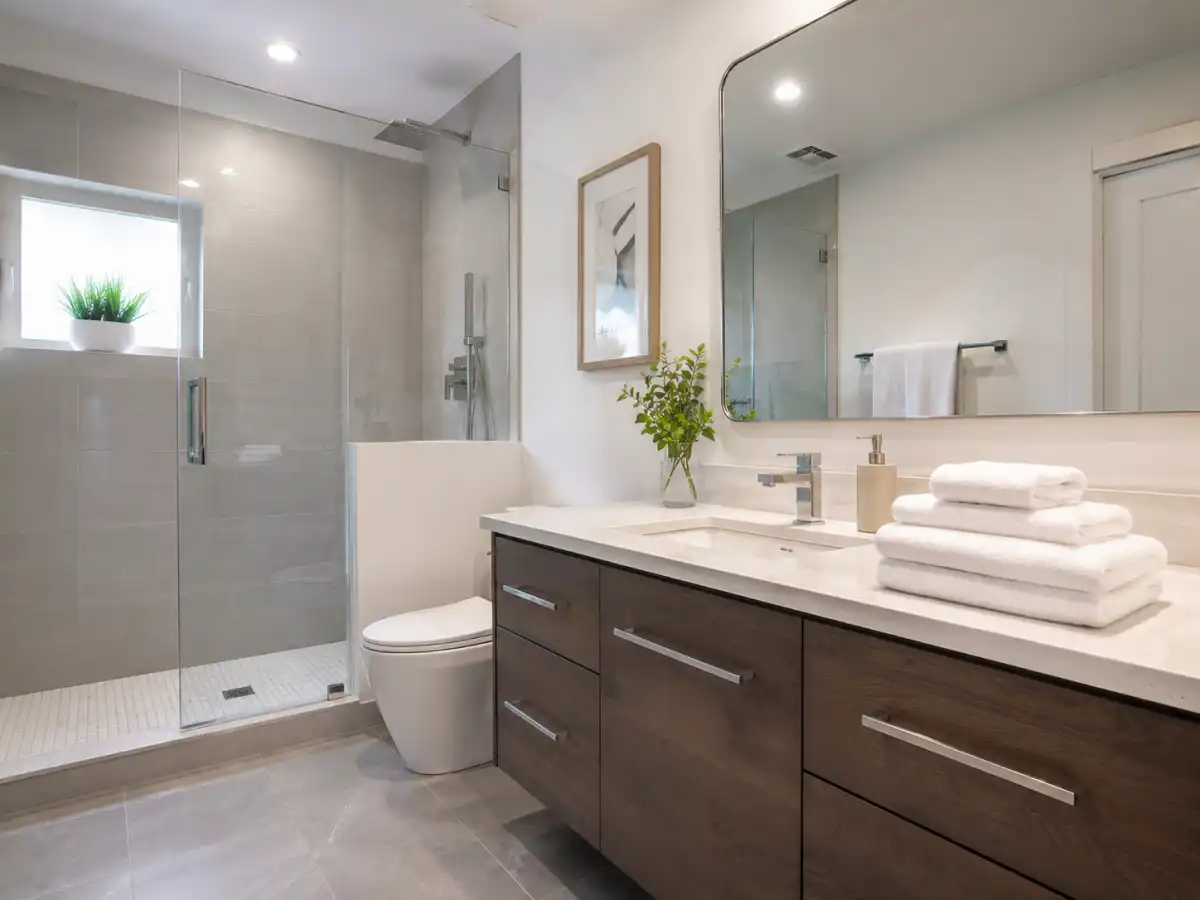 Short-term rental bathroom cleaned and reset by Calvos Janitorial in South Texas